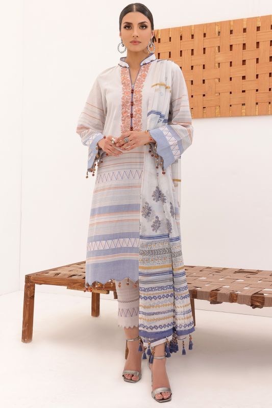 3 Pc Embroidered Woven Striped Suit With Chiffon Dupatta