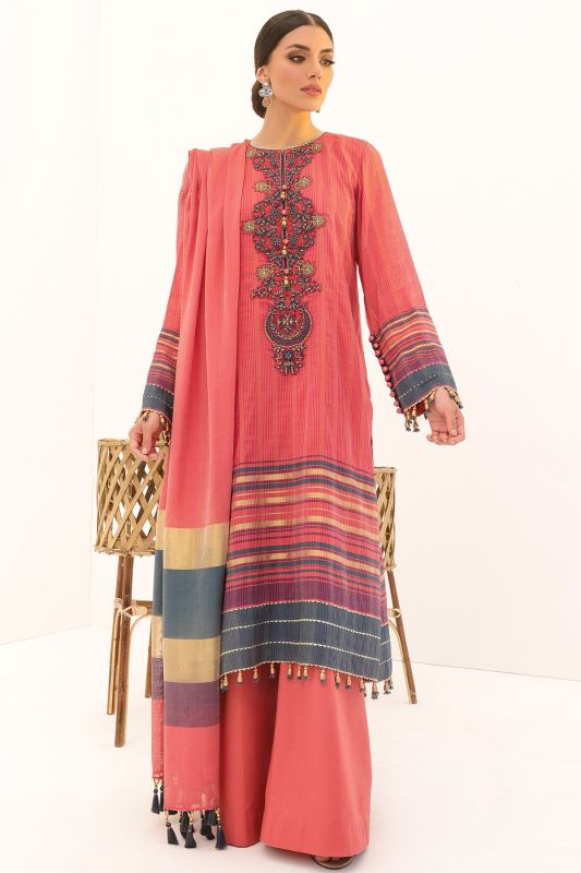 3 Pc Embroidered Woven Striped Suit with Fancy Dupatta
