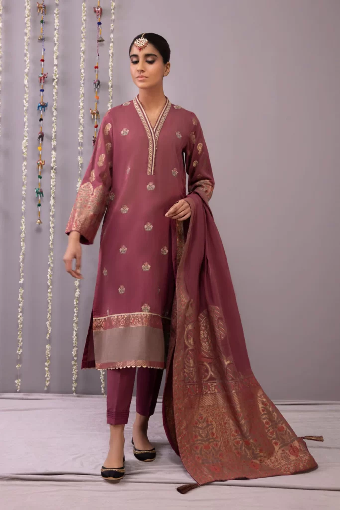 3 Piece - Embroidered Cotton Satin Suit 1