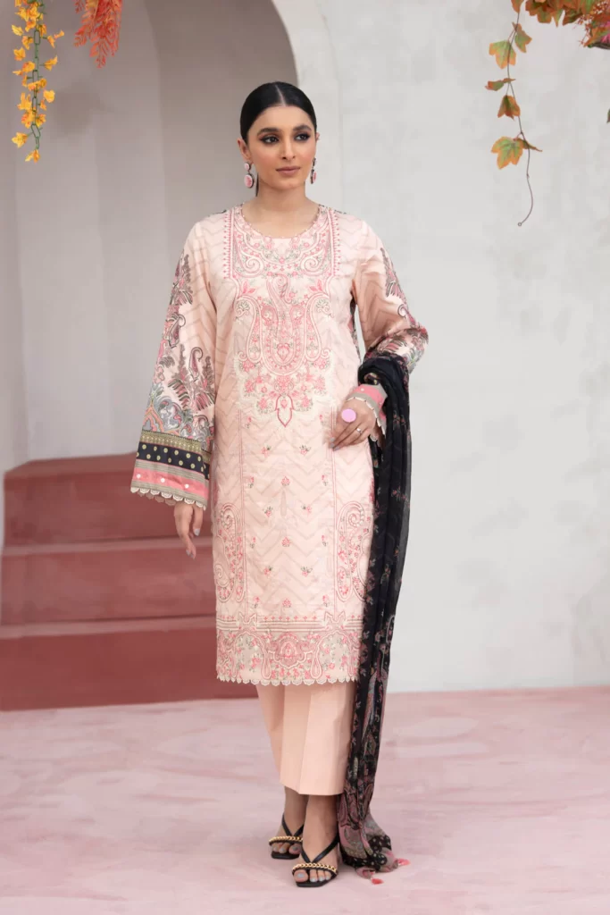 3 Piece - Embroidered Cotton Satin Suit