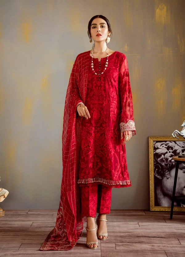 Designer thread embroidered chiffon dress in elegant red color