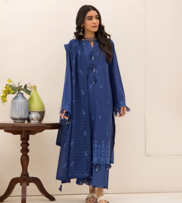 Embroidered Shirt Shalwar Dupatta - Chambray Blue - Cambric Suit