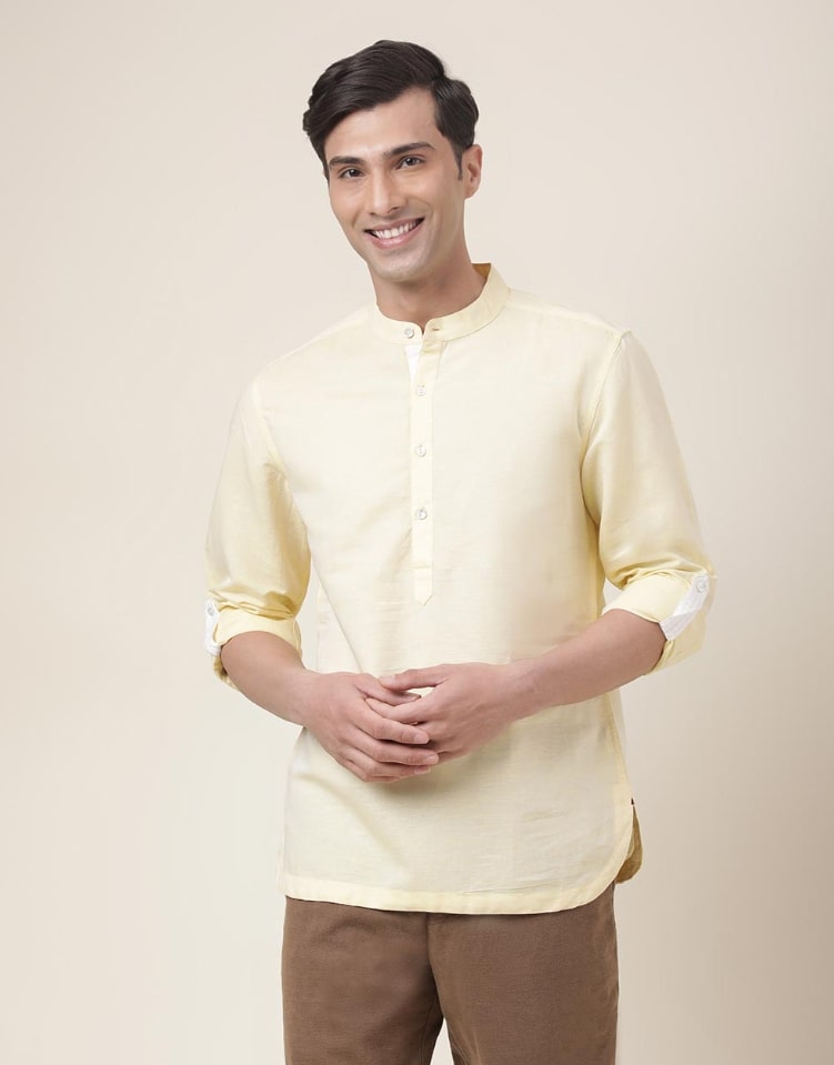 Yellow Linen Blend Slim Fit Mid Placket Shirt